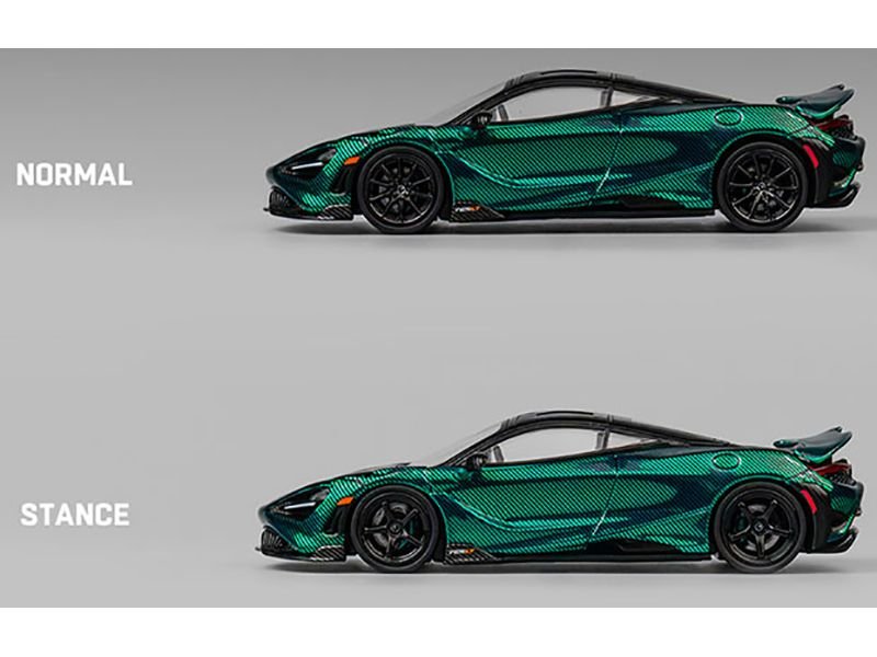 McLaren 765LT Green Carbon Metallic with Black Top and Extra Wheels 1/64 Diecast Model Car by CM Model view 3
