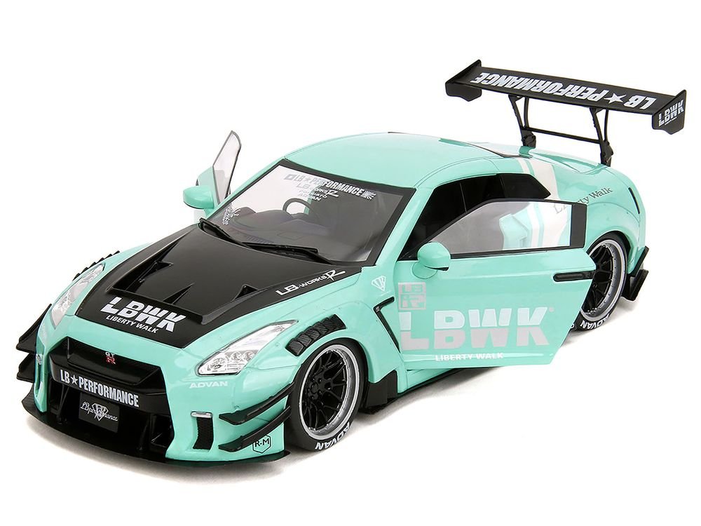 Nissan GT-R (R35) Liberty Walk Body Kit 2.0 RHD (Right Hand Drive) Light Blue with Black Hood and White Stripes "Pink Slips" Series 1/18 Diecast Model Car by Jada view 2