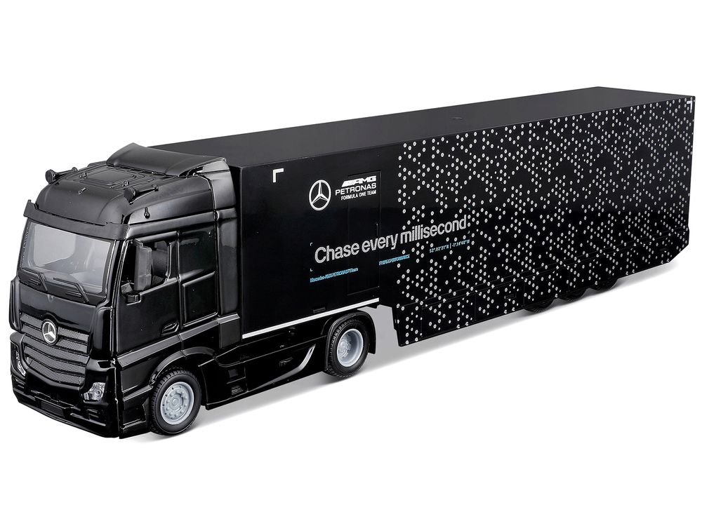 Mercedes-Benz Actros Gigaspace Car Transporter Black and Mercedes-AMG F1 W15 E Performance #63 George Russell "Petronas" Formula One F1 World Championship (2024) "Racing Hauler" Series 1/43 Diecast Model Car by Bburago view 2