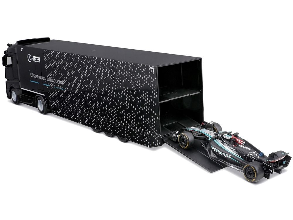 Mercedes-Benz Actros Gigaspace Car Transporter Black and Mercedes-AMG F1 W15 E Performance #63 George Russell "Petronas" Formula One F1 World Championship (2024) "Racing Hauler" Series 1/43 Diecast Model Car by Bburago view 3