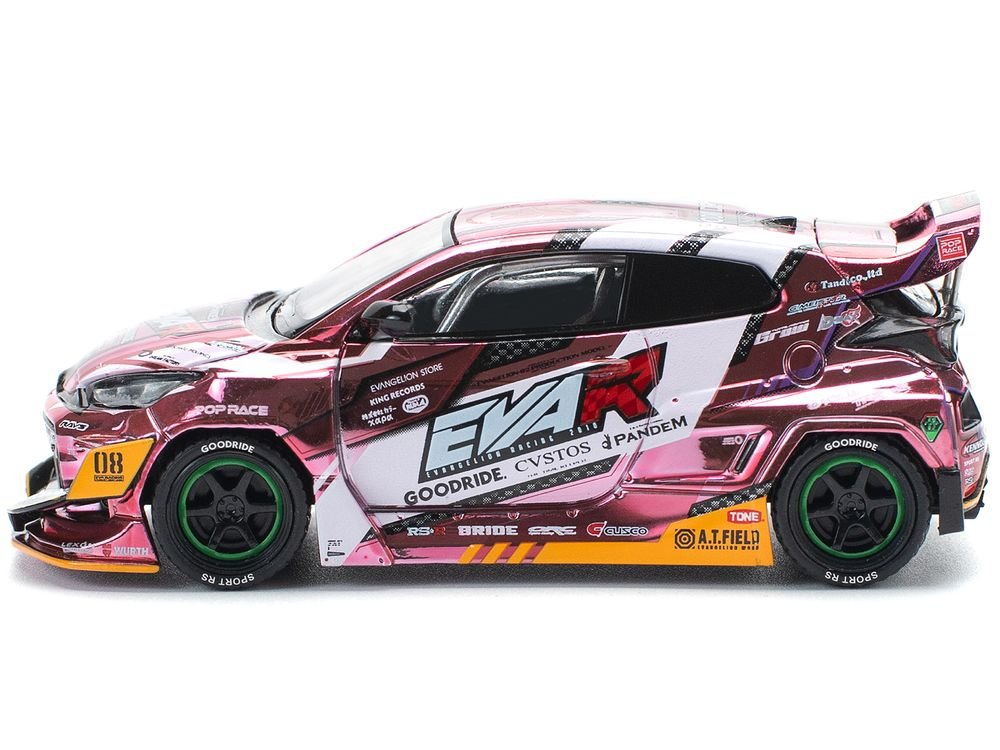 Toyota Goodride GR Yaris RHD (Right Hand Drive) "EVA RT Production Model-08" Pink Metallic with Graphics 1/64 Diecast Model Car by Pop Race view 2