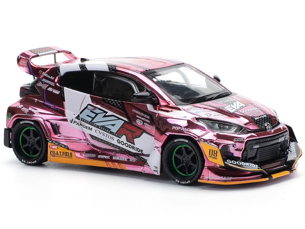Toyota Goodride GR Yaris RHD (Right Hand Drive) "EVA RT Production Model-08" Pink Metallic with Graphics 1/64 Diecast Model Car by Pop Race view 3
