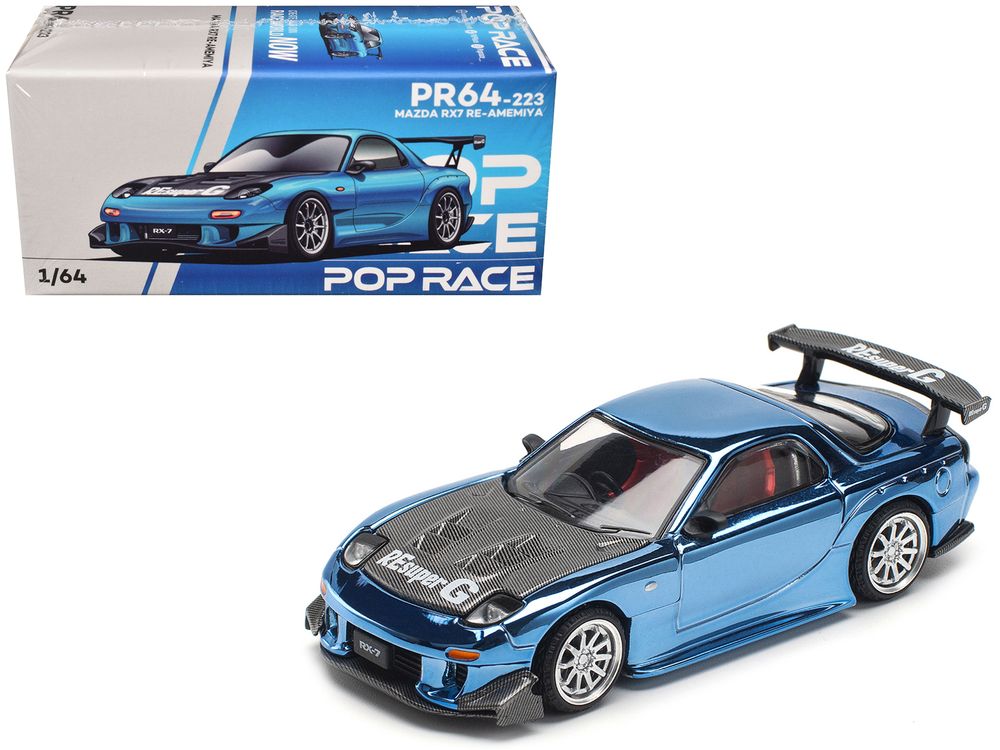 Mazda RX-7 RE-Amemiya Widebody RHD (Right Hand Drive) Blue Chrome with Carbon Hood 1/64 Diecast Model Car by Pop Race