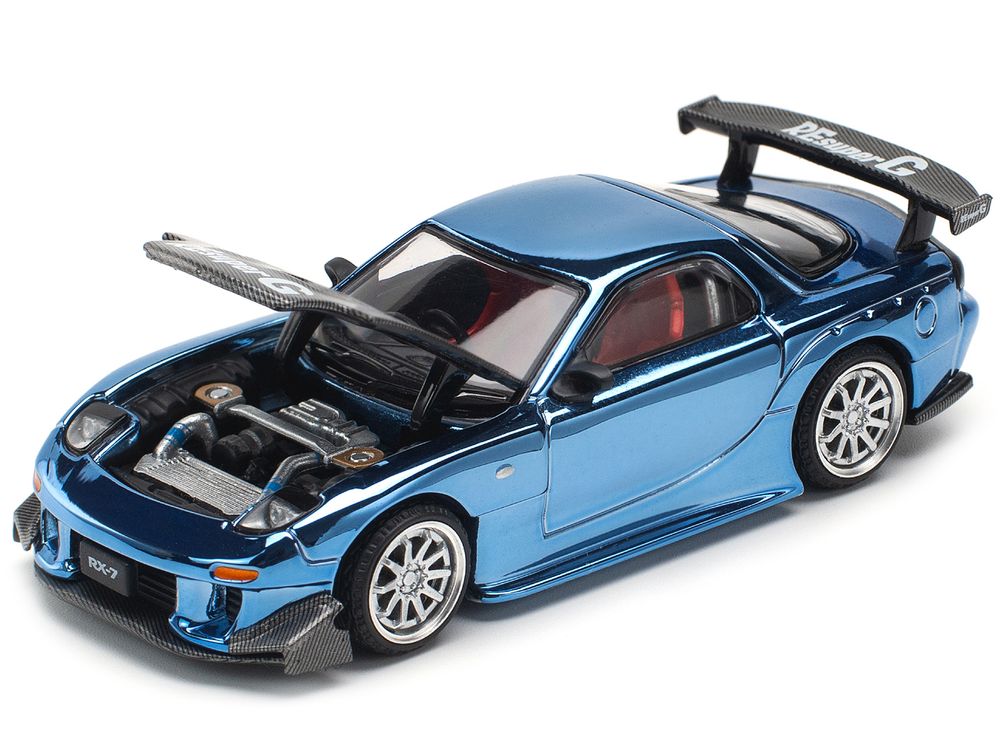 Mazda RX-7 RE-Amemiya Widebody RHD (Right Hand Drive) Blue Chrome with Carbon Hood 1/64 Diecast Model Car by Pop Race view 2