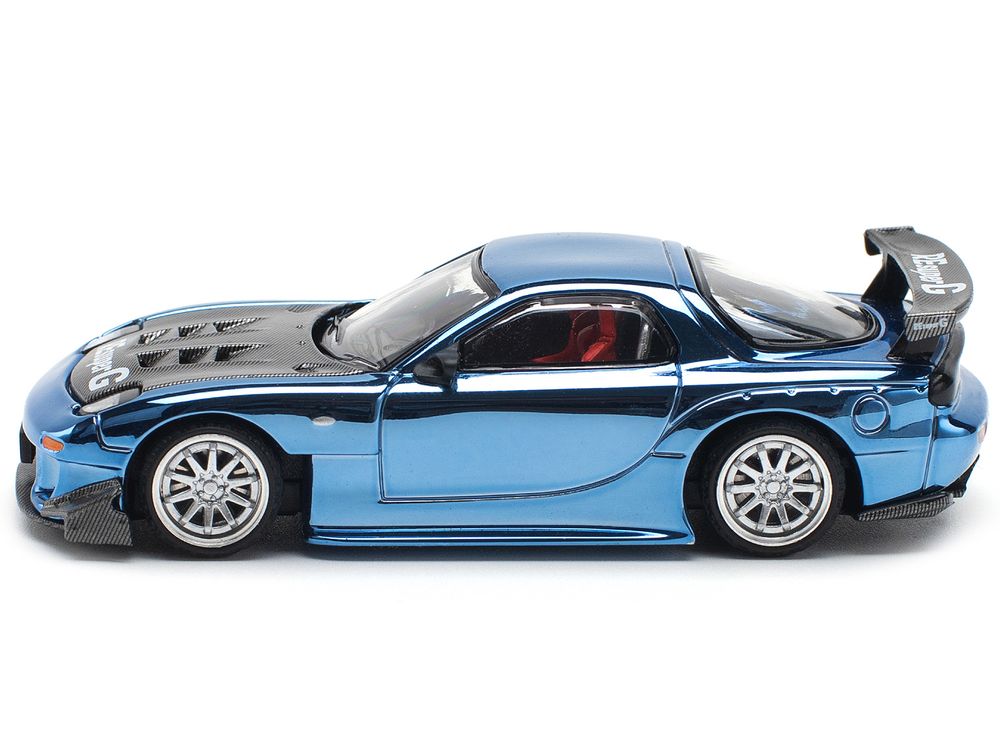 Mazda RX-7 RE-Amemiya Widebody RHD (Right Hand Drive) Blue Chrome with Carbon Hood 1/64 Diecast Model Car by Pop Race view 3