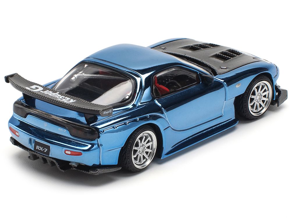 Mazda RX-7 RE-Amemiya Widebody RHD (Right Hand Drive) Blue Chrome with Carbon Hood 1/64 Diecast Model Car by Pop Race view 4
