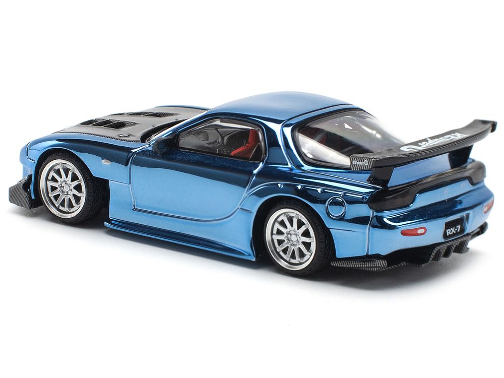 Mazda RX-7 RE-Amemiya Widebody RHD (Right Hand Drive) Blue Chrome with Carbon Hood 1/64 Diecast Model Car by Pop Race view 5
