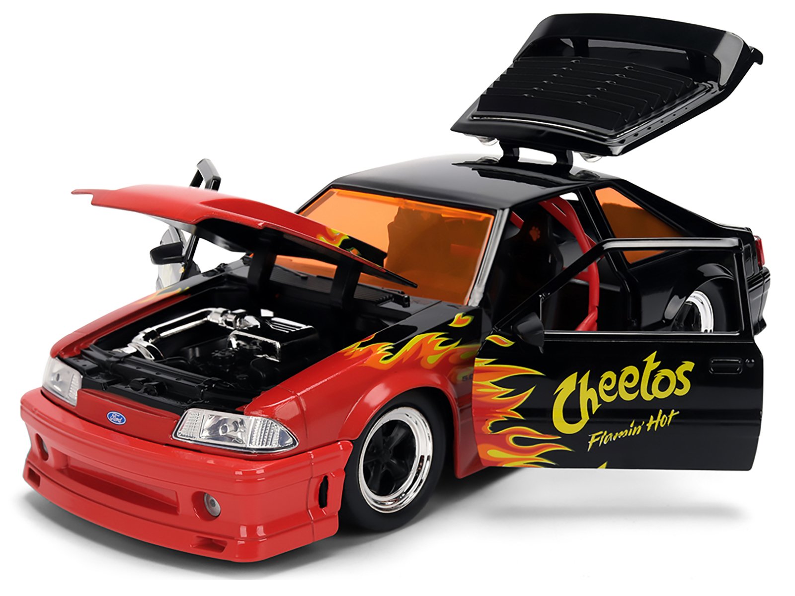 1989 Ford Mustang GT Black with Red Flame Graphics and Chester Cheetah Diecast Figure "Cheetos Flamin' Hot" "Hollywood Rides" Series 1/24 Diecast Model Car by Jada view 2