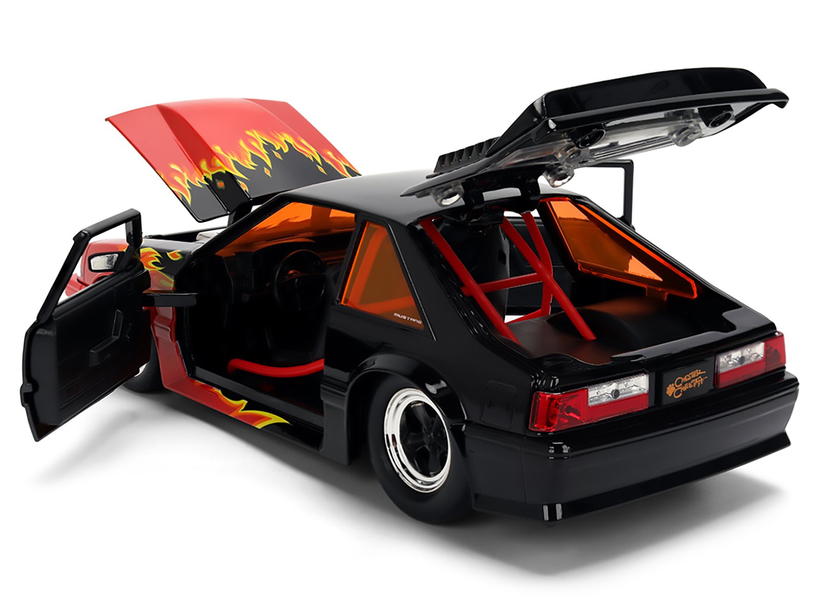 1989 Ford Mustang GT Black with Red Flame Graphics and Chester Cheetah Diecast Figure "Cheetos Flamin' Hot" "Hollywood Rides" Series 1/24 Diecast Model Car by Jada view 3