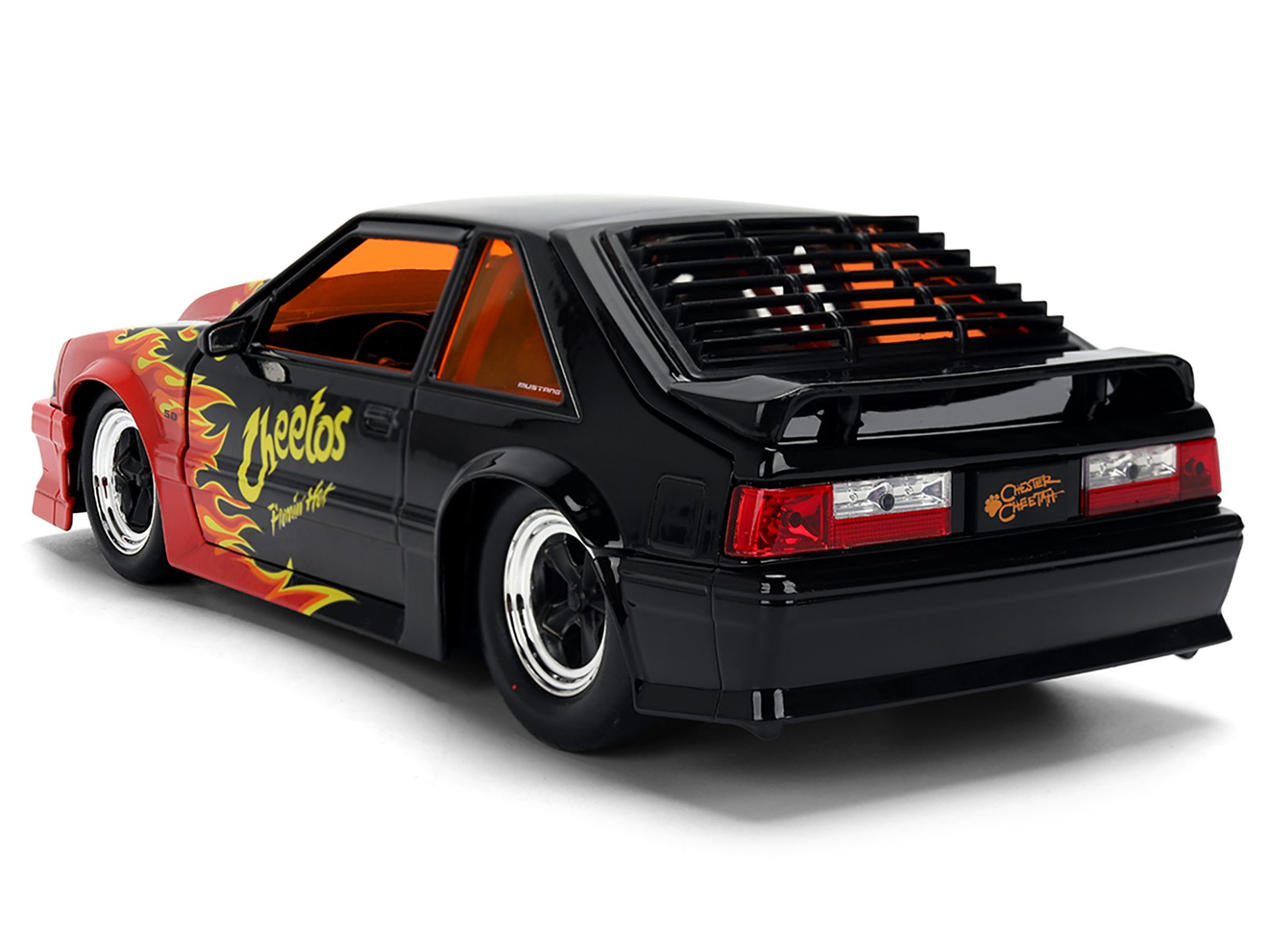 1989 Ford Mustang GT Black with Red Flame Graphics and Chester Cheetah Diecast Figure "Cheetos Flamin' Hot" "Hollywood Rides" Series 1/24 Diecast Model Car by Jada view 4