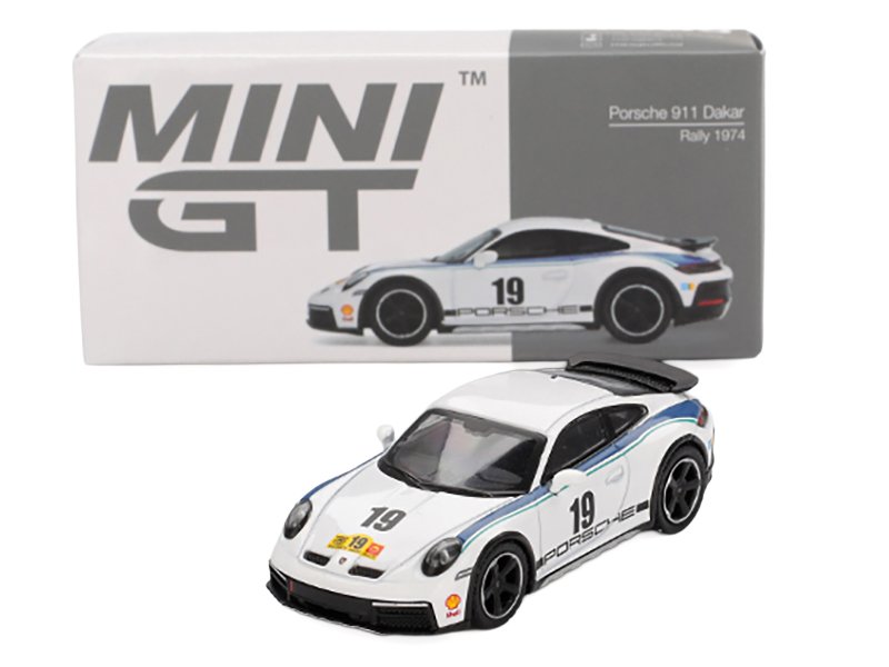 Porsche 911 Dakar #19 "Rally 1974" Tribute Livery White with Blue Stripes Limited Edition 1/64 Diecast Model Car by Mini GT view 4