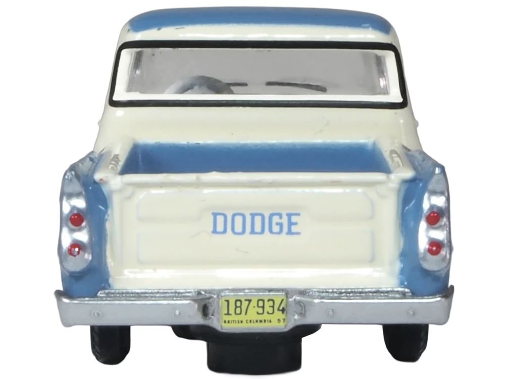 1957 Dodge D100 Sweptside Pickup Truck Ice Blue and Glacier White 1/87 (HO) Scale Diecast Model Car by Oxford Diecast view 3