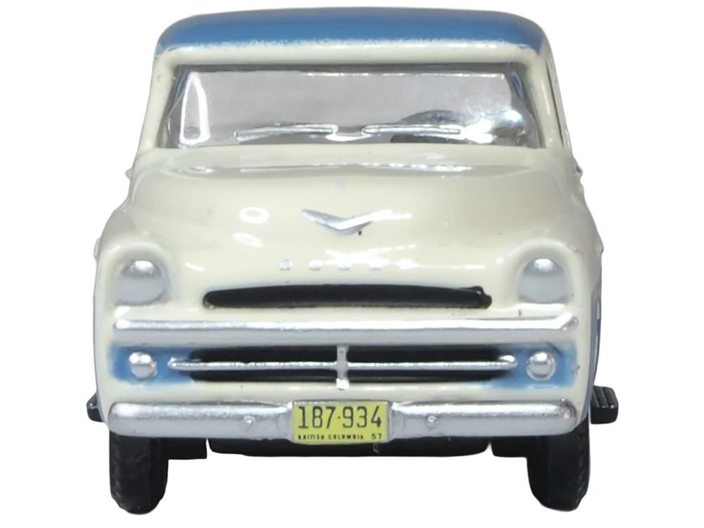 1957 Dodge D100 Sweptside Pickup Truck Ice Blue and Glacier White 1/87 (HO) Scale Diecast Model Car by Oxford Diecast view 4