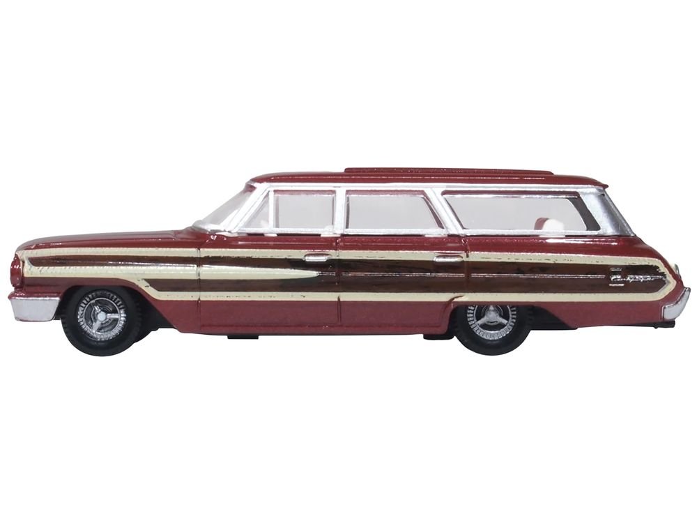 1964 Ford Country Station Wagon Squire Vintage Burgundy with Woodgrain Sides and White Interior 1/87 (HO) Scale Diecast Model Car by Oxford Diecast view 2