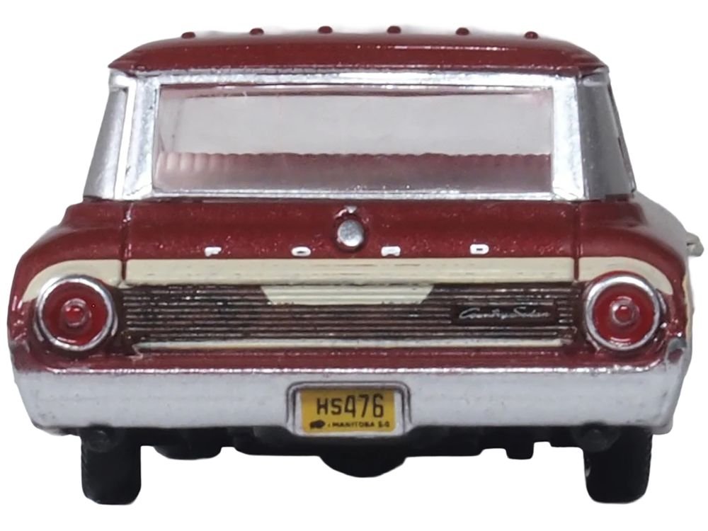 1964 Ford Country Station Wagon Squire Vintage Burgundy with Woodgrain Sides and White Interior 1/87 (HO) Scale Diecast Model Car by Oxford Diecast view 4