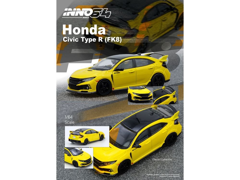Honda Civic Type R (FK8) RHD (Right Hand Drive) Yellow with Black Top 1/64 Diecast Model Car by Inno Models view 3
