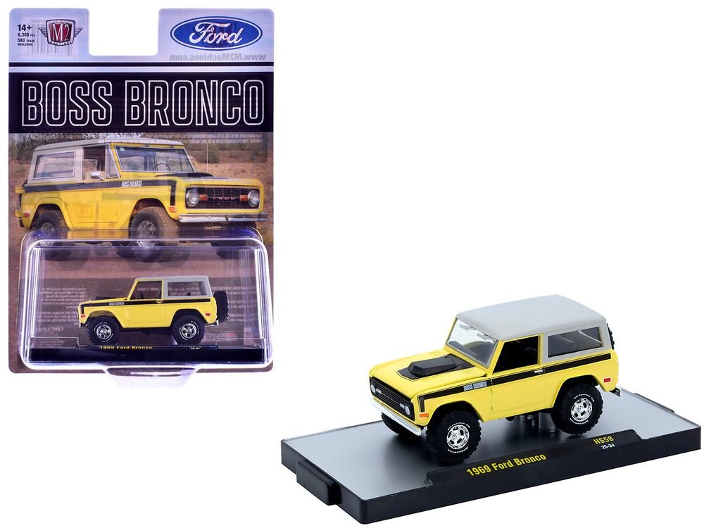 1969 Ford Bronco Yellow with Black Stripes and Gray Top Limited Edition to 6380 pieces Worldwide 1/64 Diecast Model Car by M2 Machines