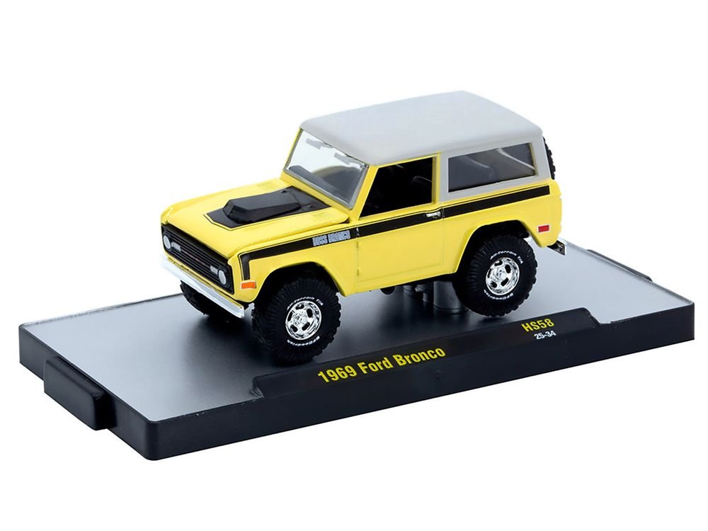 1969 Ford Bronco Yellow with Black Stripes and Gray Top Limited Edition to 6380 pieces Worldwide 1/64 Diecast Model Car by M2 Machines view 2