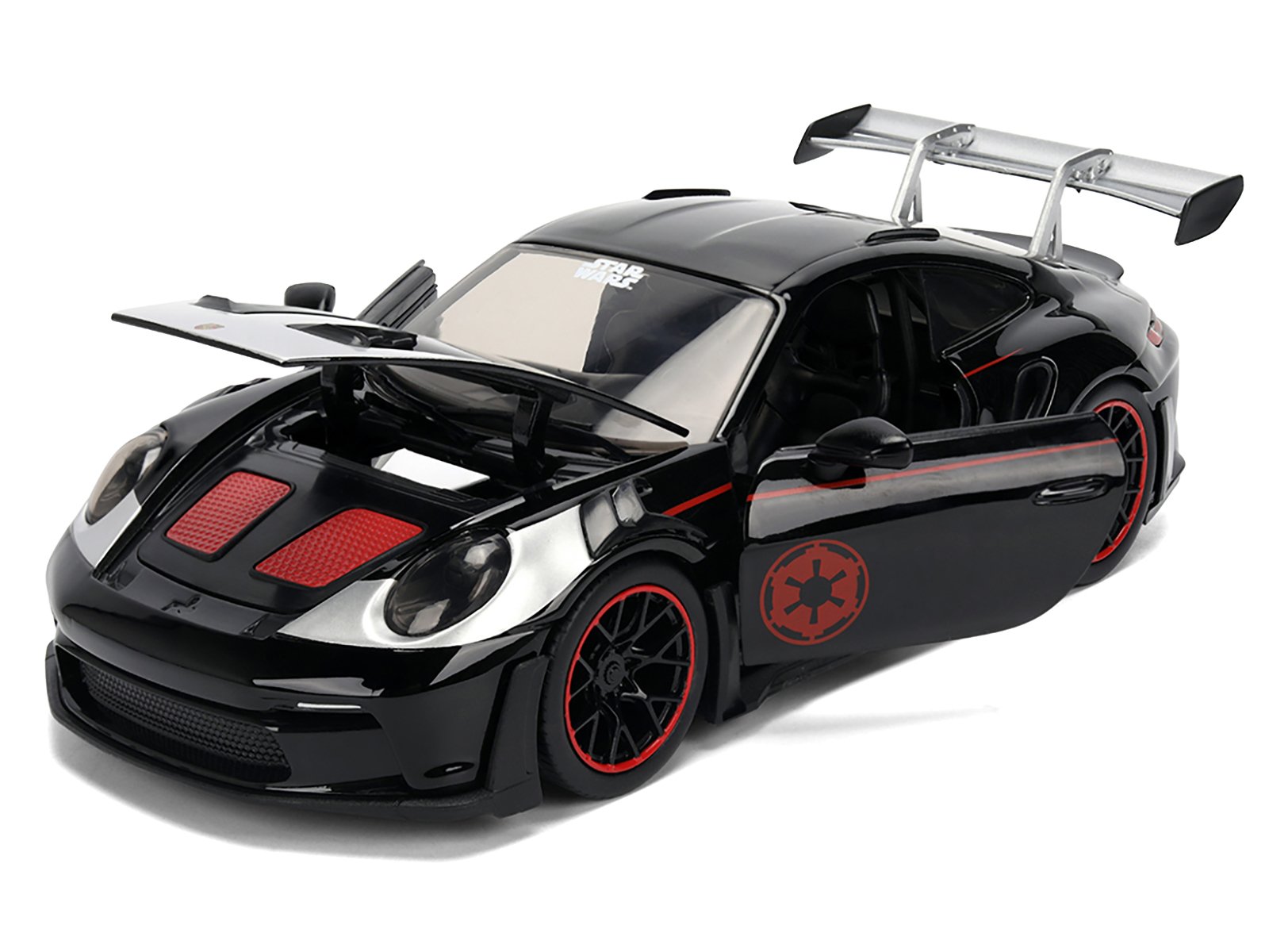 Porsche 911 GT3 RS (992) Black with Silver Hood and Graphics and Darth Vader Figure "Star Wars" Franchise "Hollywood Rides" Series 1/24 Diecast Model Car by Jada view 2