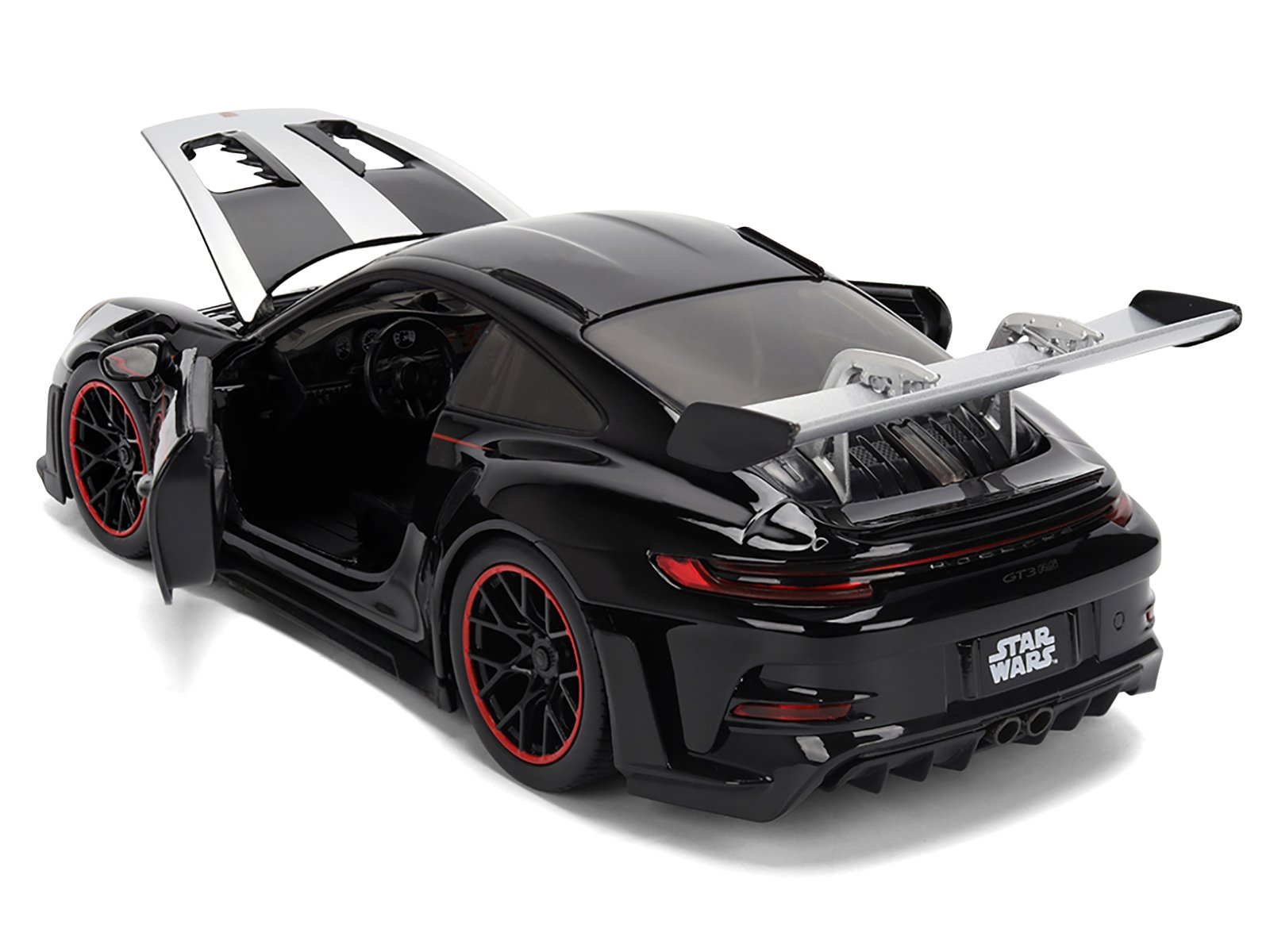 Porsche 911 GT3 RS (992) Black with Silver Hood and Graphics and Darth Vader Figure "Star Wars" Franchise "Hollywood Rides" Series 1/24 Diecast Model Car by Jada view 3