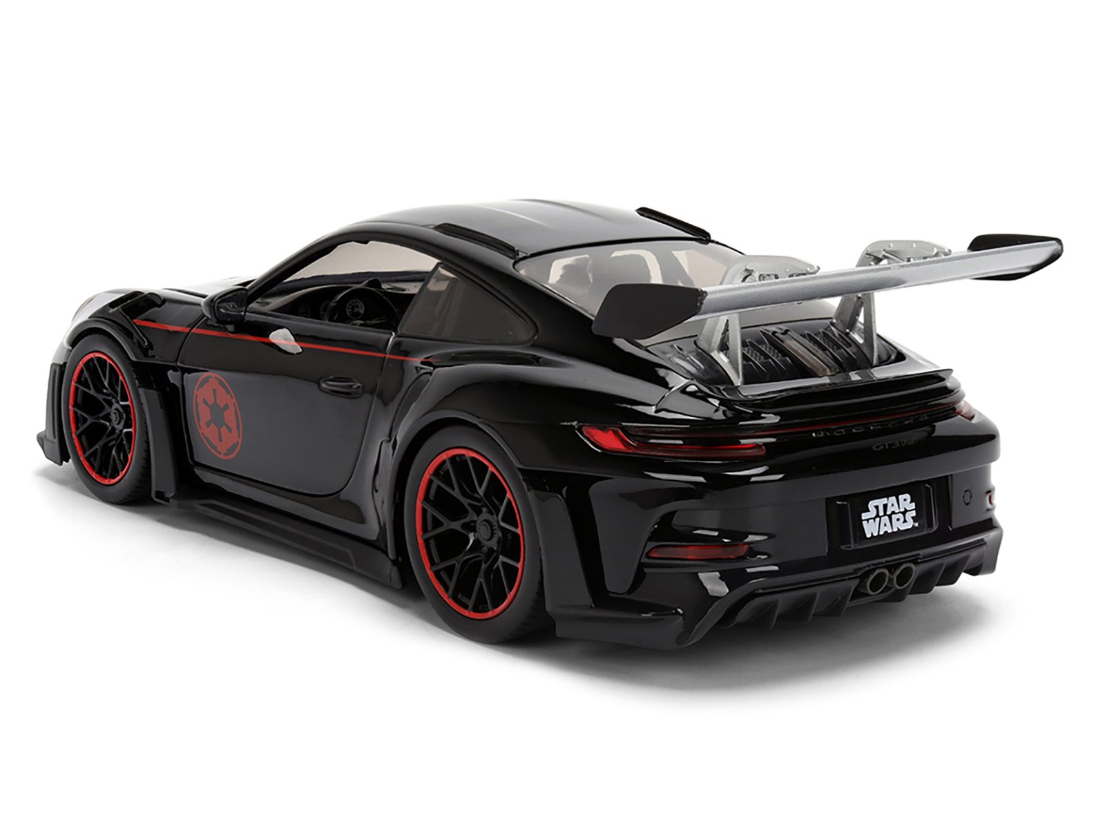 Porsche 911 GT3 RS (992) Black with Silver Hood and Graphics and Darth Vader Figure "Star Wars" Franchise "Hollywood Rides" Series 1/24 Diecast Model Car by Jada view 4