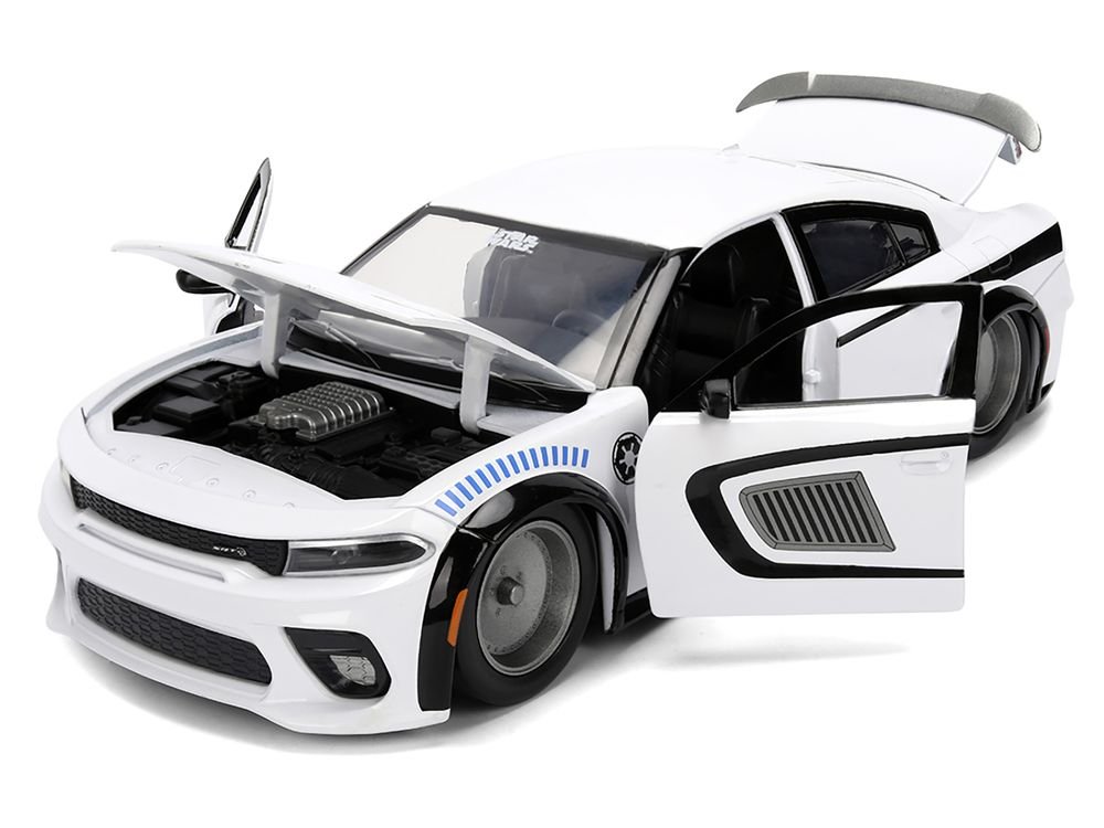 2021 Dodge Charger SRT Hellcat White with Graphics and Stormtrooper Figure "Star Wars" Franchise "Hollywood Rides" Series 1/24 Diecast Model Car by Jada view 2