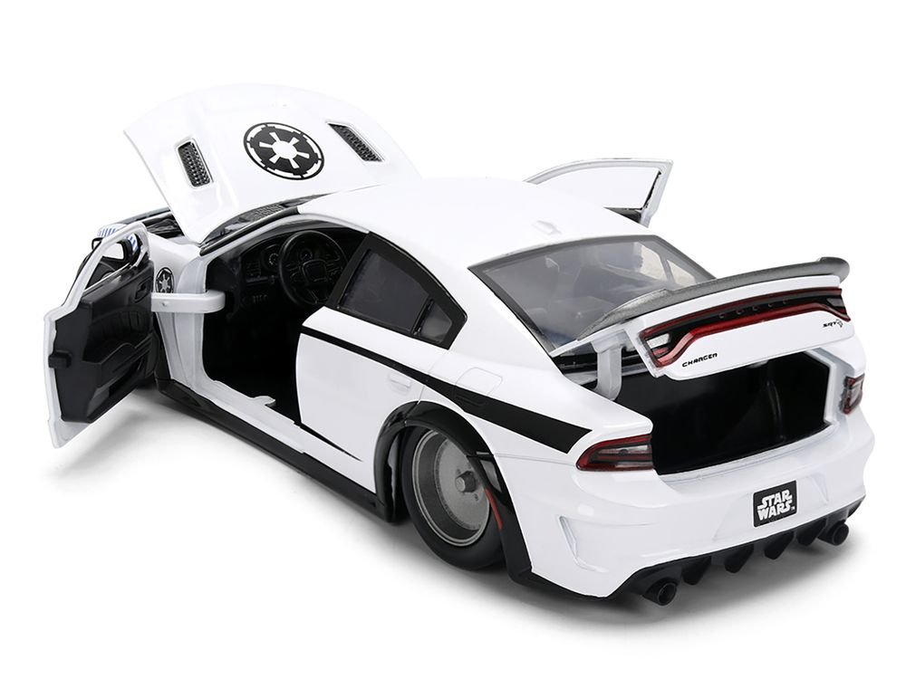 2021 Dodge Charger SRT Hellcat White with Graphics and Stormtrooper Figure "Star Wars" Franchise "Hollywood Rides" Series 1/24 Diecast Model Car by Jada view 3