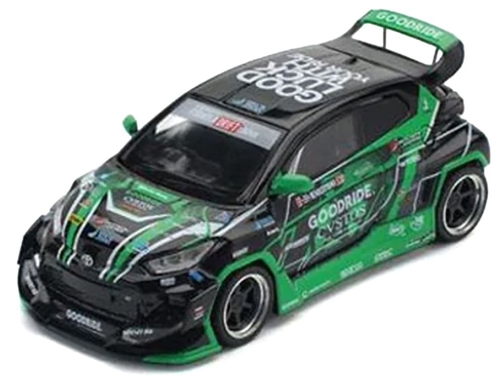 Pandem GR Yaris RHD (Right Hand Drive) "Goodride Motorsports" Green and Black with Graphics "Enigma Exclusive Edition" 1/64 Diecast Model Car by Pop Race view 2