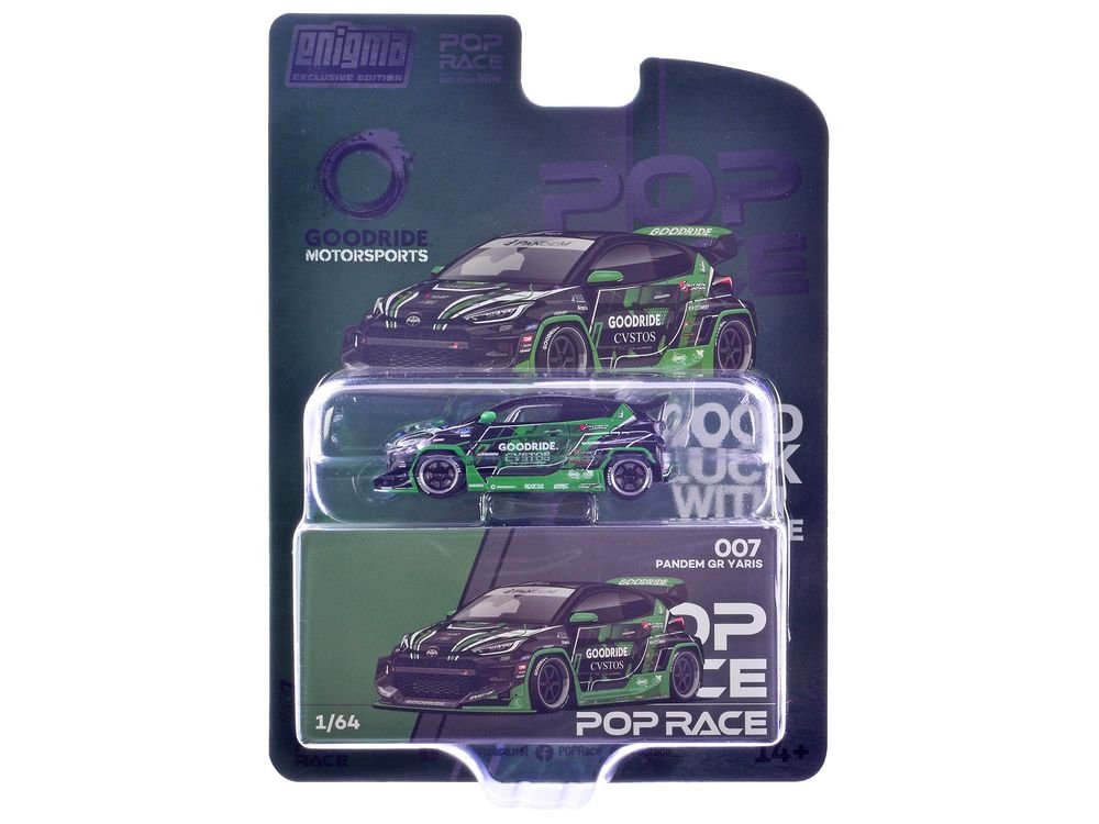 Pandem GR Yaris RHD (Right Hand Drive) "Goodride Motorsports" Green and Black with Graphics "Enigma Exclusive Edition" 1/64 Diecast Model Car by Pop Race view 3