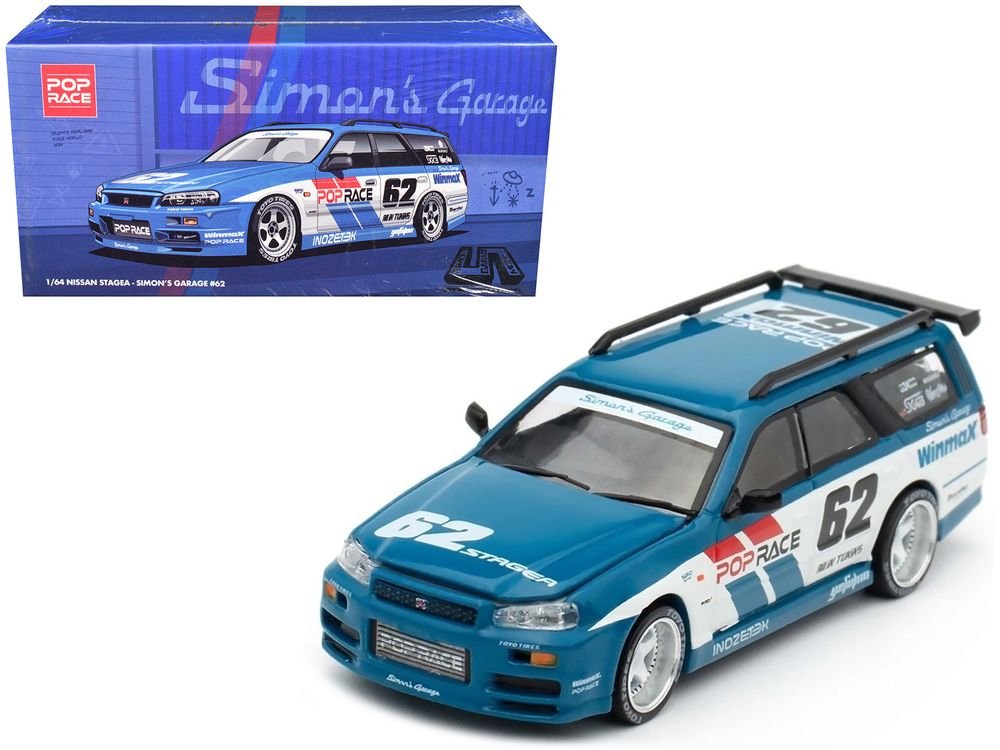 Nissan Stagea RHD (Right Hand Drive) #62 "Simon's Garage" Blue with White Sides 1/64 Diecast Model Car by Pop Race