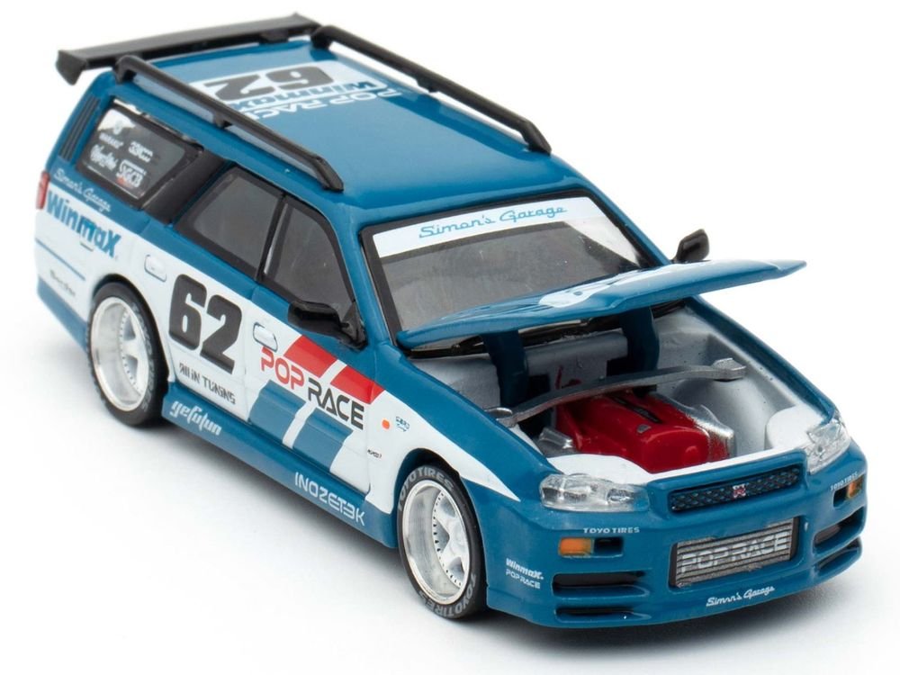 Nissan Stagea RHD (Right Hand Drive) #62 "Simon's Garage" Blue with White Sides 1/64 Diecast Model Car by Pop Race view 2