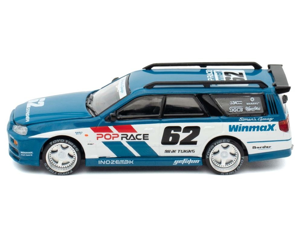 Nissan Stagea RHD (Right Hand Drive) #62 "Simon's Garage" Blue with White Sides 1/64 Diecast Model Car by Pop Race view 3