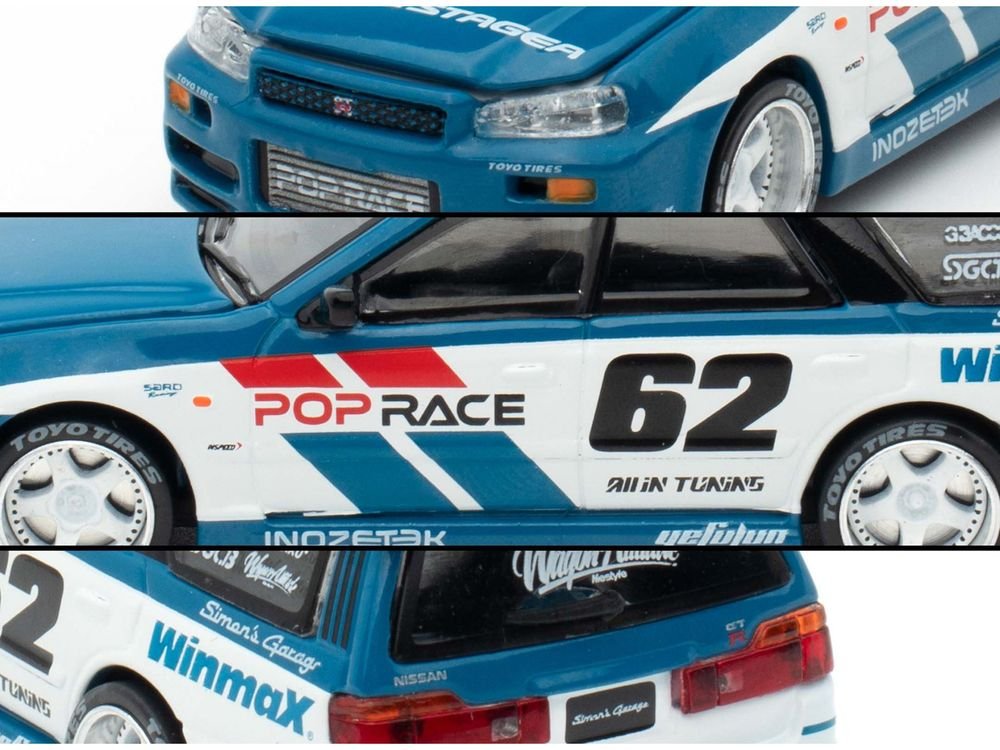 Nissan Stagea RHD (Right Hand Drive) #62 "Simon's Garage" Blue with White Sides 1/64 Diecast Model Car by Pop Race view 4