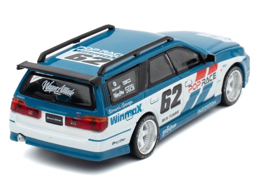 Nissan Stagea RHD (Right Hand Drive) #62 "Simon's Garage" Blue with White Sides 1/64 Diecast Model Car by Pop Race view 5