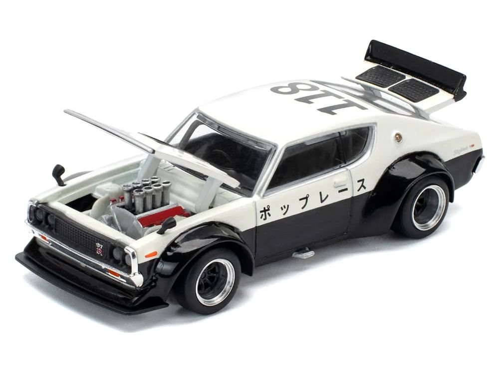 Skyline KPGC110 "Kenmeri" RHD (Right Hand Drive) "Japan National Police Agency Livery" Black and White 1/64 Diecast Model Car by Pop Race view 2