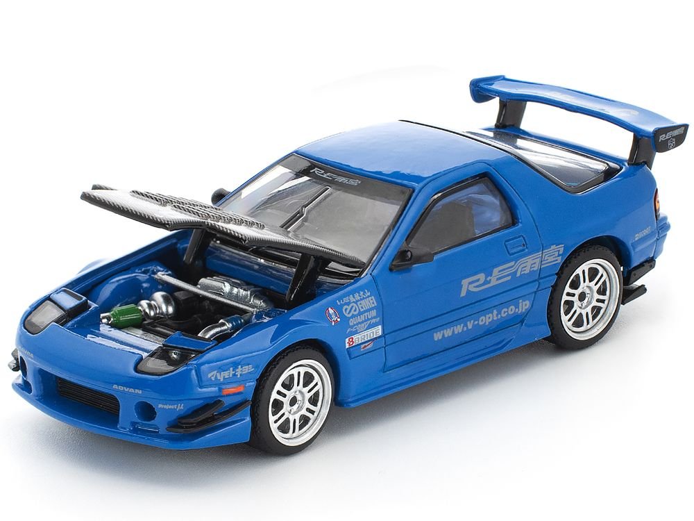 Mazda RX7 (FC3S) RE Amemiya RHD (Right Hand Drive) Blue Metallic with Carbon Hood 1/64 Diecast Model Car by Pop Race view 2