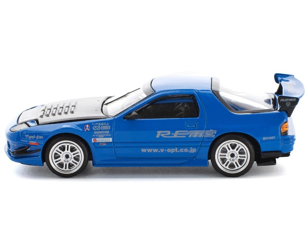Mazda RX7 (FC3S) RE Amemiya RHD (Right Hand Drive) Blue Metallic with Carbon Hood 1/64 Diecast Model Car by Pop Race view 3