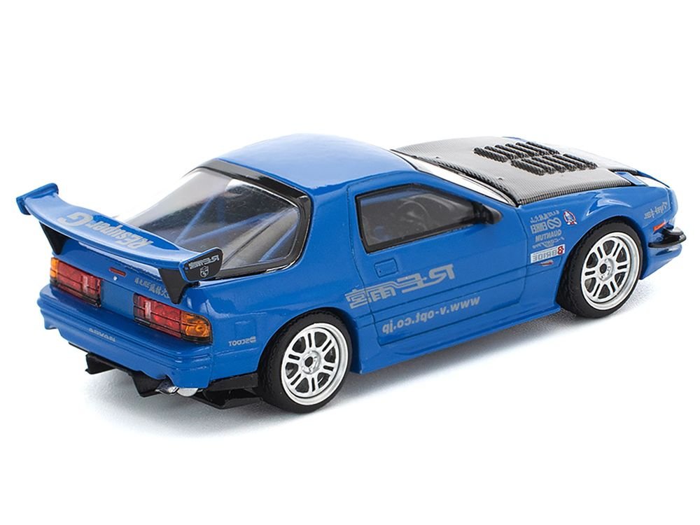 Mazda RX7 (FC3S) RE Amemiya RHD (Right Hand Drive) Blue Metallic with Carbon Hood 1/64 Diecast Model Car by Pop Race view 4