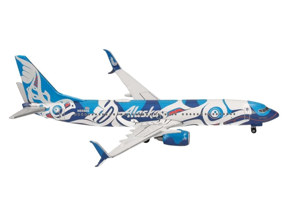 Boeing 737-800 Commercial Aircraft "Alaska Airlines - Salmon People Livery" (N559AS) Blue and White 1/500 Diecast Model Airplane by Herpa view 2