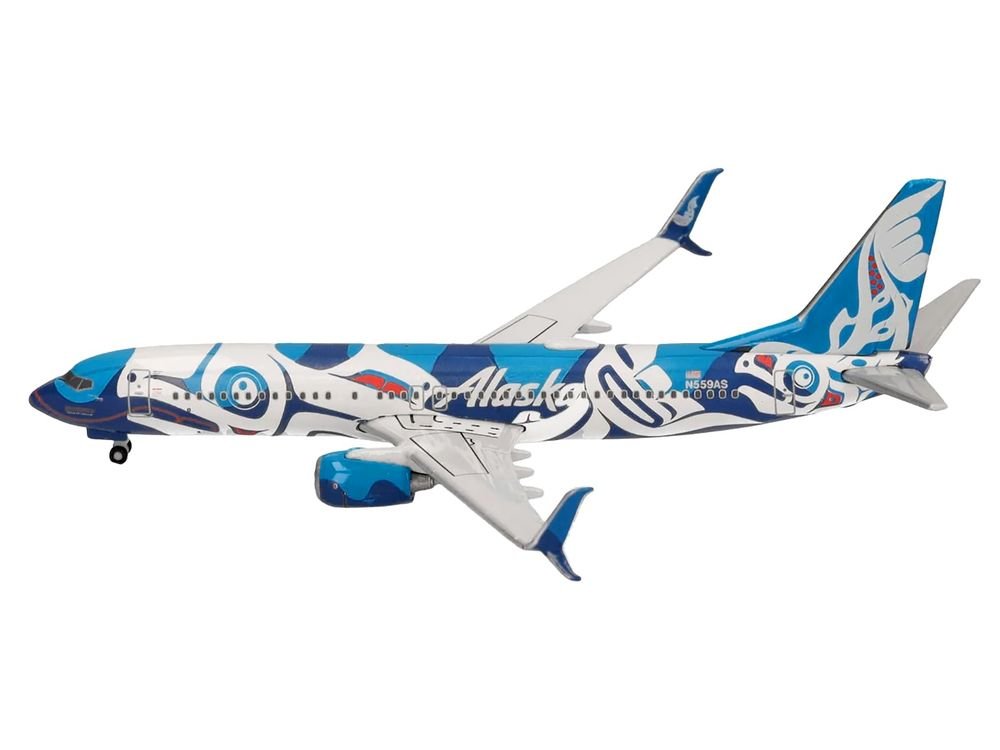 Boeing 737-800 Commercial Aircraft "Alaska Airlines - Salmon People Livery" (N559AS) Blue and White 1/500 Diecast Model Airplane by Herpa view 3