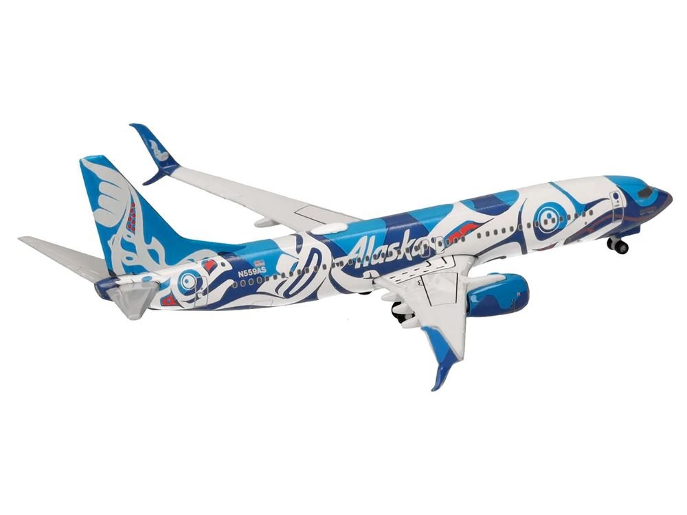 Boeing 737-800 Commercial Aircraft "Alaska Airlines - Salmon People Livery" (N559AS) Blue and White 1/500 Diecast Model Airplane by Herpa view 4