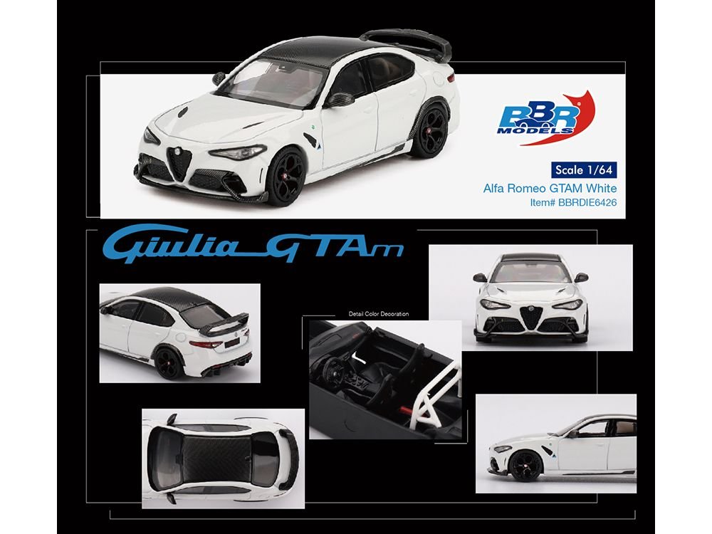 Alfa Romeo Giulia GTAm White with Carbon Top 1/64 Diecast Model Car by BBR view 3