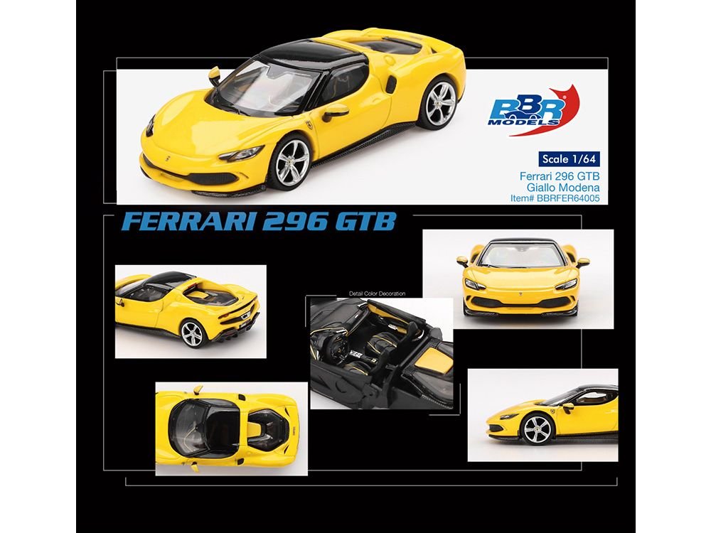 Ferrari 296 GTB Giallo Modena Yellow with Black Top 1/64 Diecast Model Car by BBR view 4