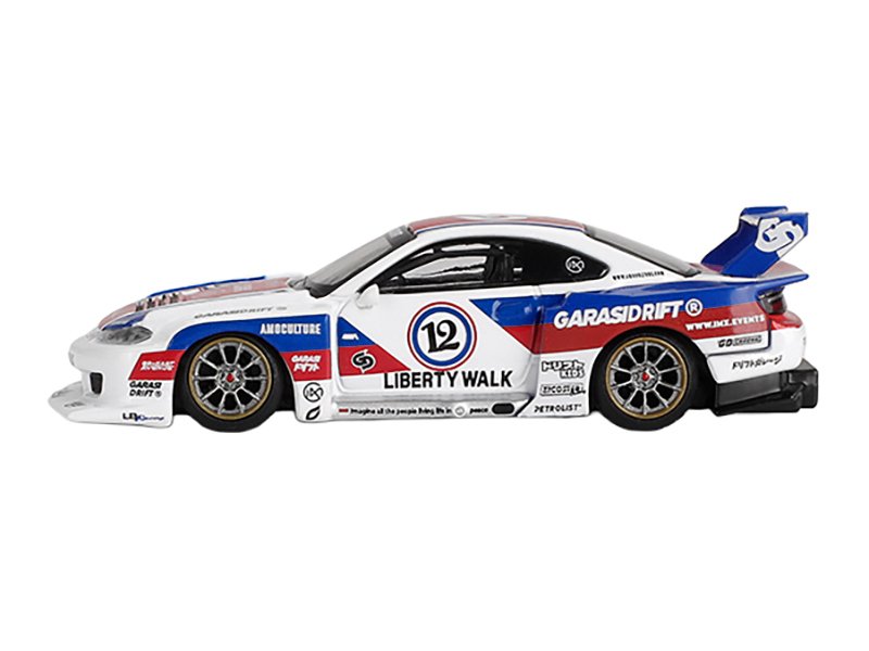 Nissan "LB-Super Silhouette" S15 SILVIA RHD (Right Hand Drive) "GARASIDRIFT x LBWK 2025" White with Blue and Red Stripes Limited Edition 1/64 Diecast Model Car by Mini GT view 2