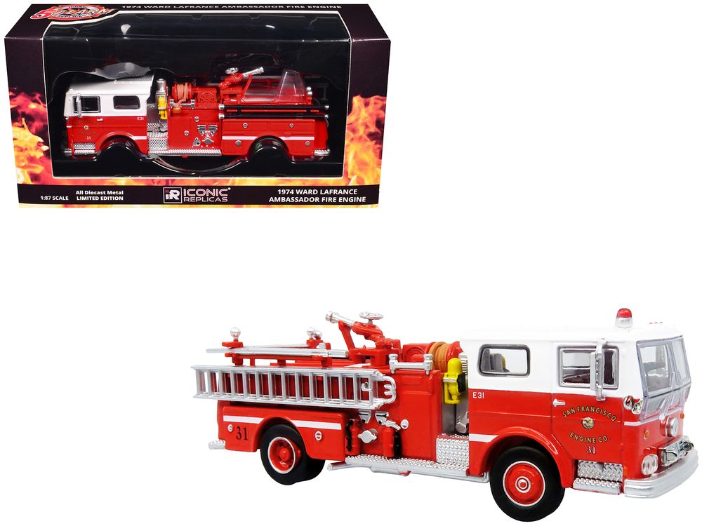 1974 Ward LaFrance Fire Engine "San Francisco Fire Department – Engine 31" Red with White Top "5 Alarm" Series Limited Edition 1/87 (HO) Diecast Model by Iconic Replicas