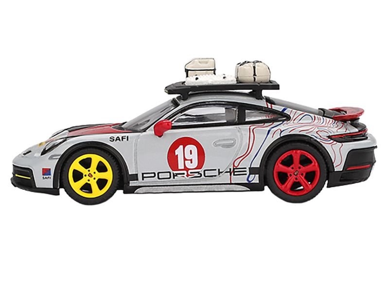 Porsche 911 Dakar #19 "Uncle Rally" Gray with Graphics and Roof Rack Limited Edition 1/64 Diecast Model Car by Mini GT view 2
