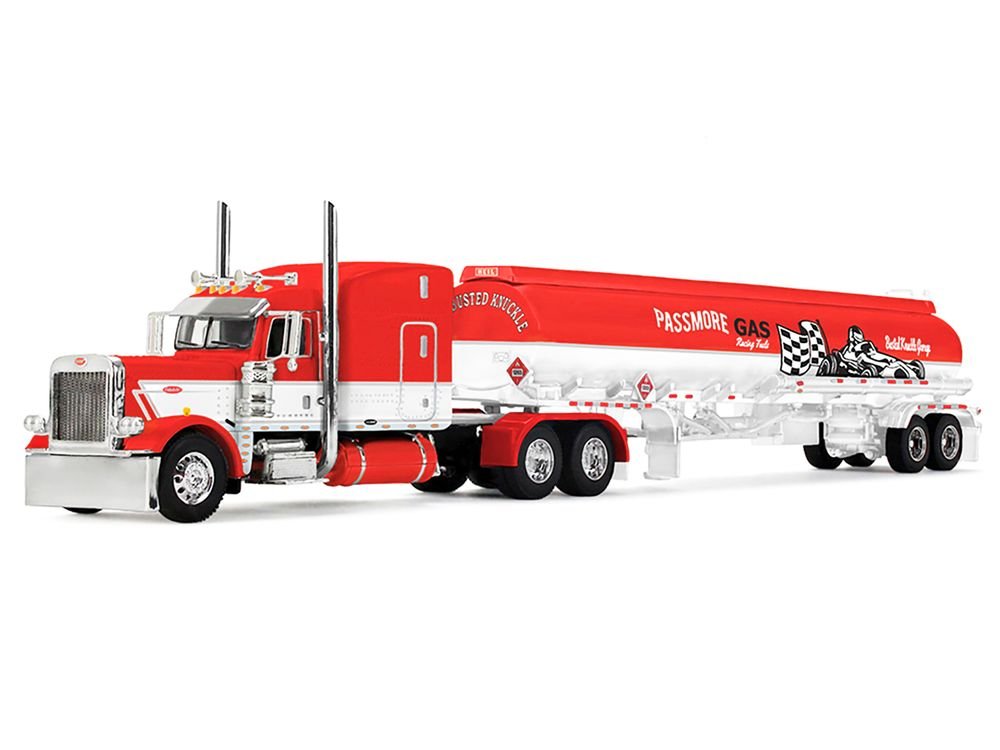 Peterbilt 389 with 63" Mid-Roof Sleeper and Heil Fuel Tank Trailer "Busted Knuckle Garage" Red and White 1/64 Diecast Model by DCP/First Gear view 2