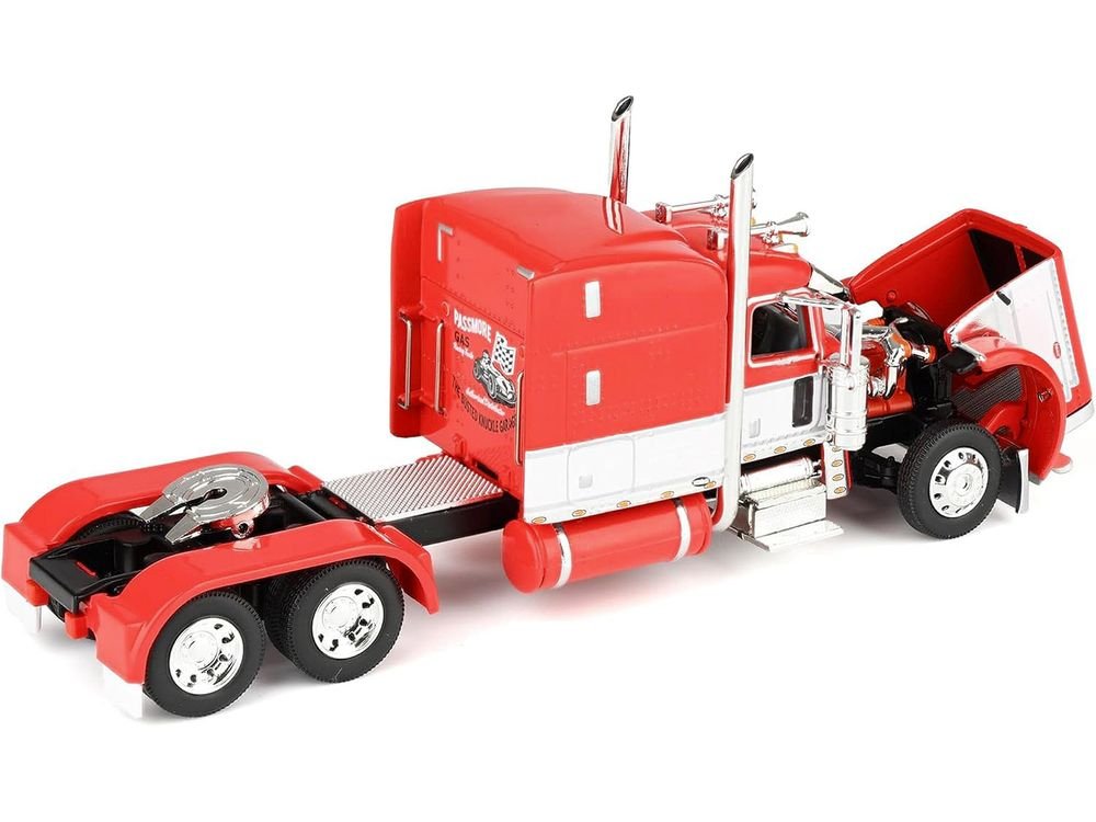 Peterbilt 389 with 63" Mid-Roof Sleeper and Heil Fuel Tank Trailer "Busted Knuckle Garage" Red and White 1/64 Diecast Model by DCP/First Gear view 3