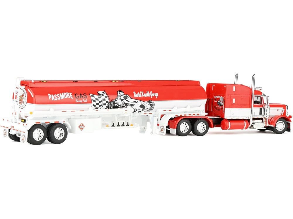 Peterbilt 389 with 63" Mid-Roof Sleeper and Heil Fuel Tank Trailer "Busted Knuckle Garage" Red and White 1/64 Diecast Model by DCP/First Gear view 4