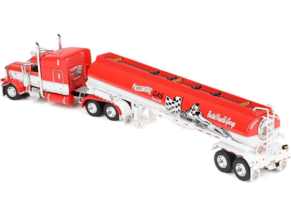 Peterbilt 389 with 63" Mid-Roof Sleeper and Heil Fuel Tank Trailer "Busted Knuckle Garage" Red and White 1/64 Diecast Model by DCP/First Gear view 5